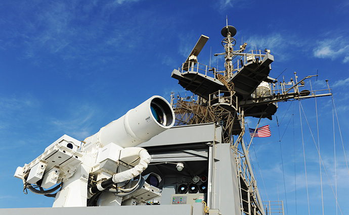 Experimental Laser Weapon System (LaWS) on the USS Ponce. It can fire at a range of 1.6 km. Each shot costs  alt=