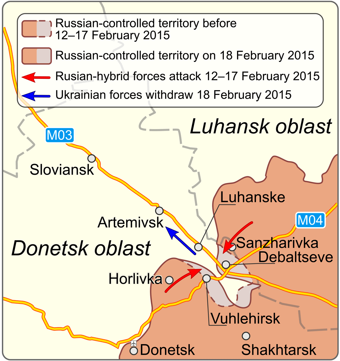 The situation at the end of the Debaltseve Battle. The map is based on a Wikimedia Commons image. ~