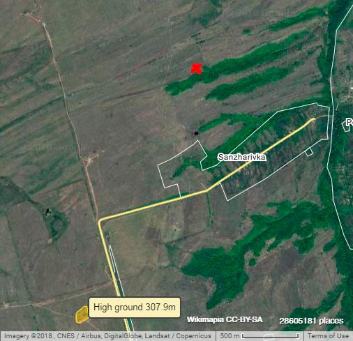 Hight ground 307.9m southwest of Sanzharivka, and the site of PMC Wagner’s mercenaries battle shown in the video (marked as a red plus). ~