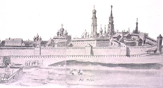 XVII-century view of Moscow Kremlin from the West. (Source: "Drawings of Muscovy from The Mayerberg Album." In February 1661, the Holy Roman Emperor sent to Muscovy an embassy headed by Baron Augustin von Mayerberg and Horatio Gugliemo Clavuccio.  They arrived in Moscow May 25, 1661, and departed May 5, 1662.)