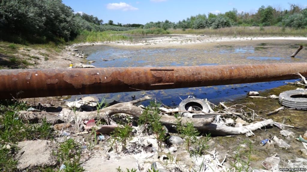 A part of the North Crimean Canal on the northern suburb of Armiansk on the occupied peninsula has become overgrown with reeds, shrubs and turned into a garbage dump. Photo: ru.krymr.com