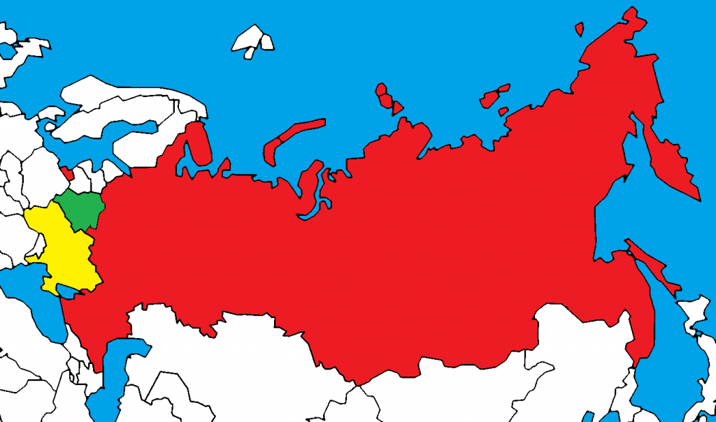 Belarus (green), Ukraine (yellow) and Russia (red)