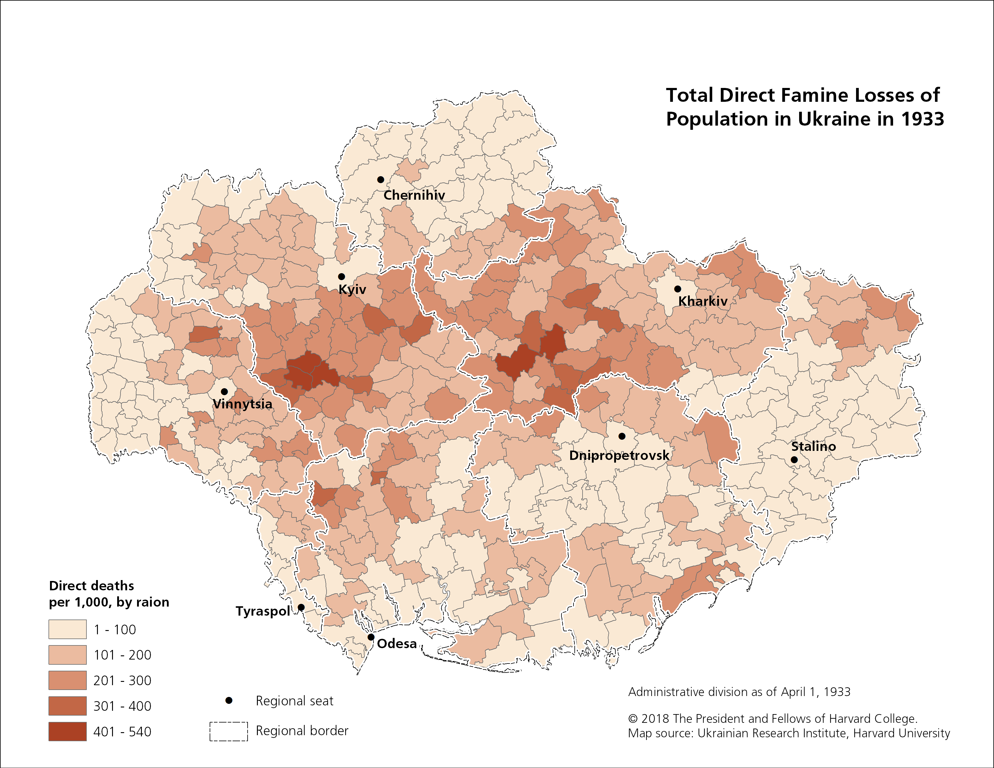 Total direct famine losses of population in Ukraine in 1933 (Image: Harvard Ukrainian Research Institute)