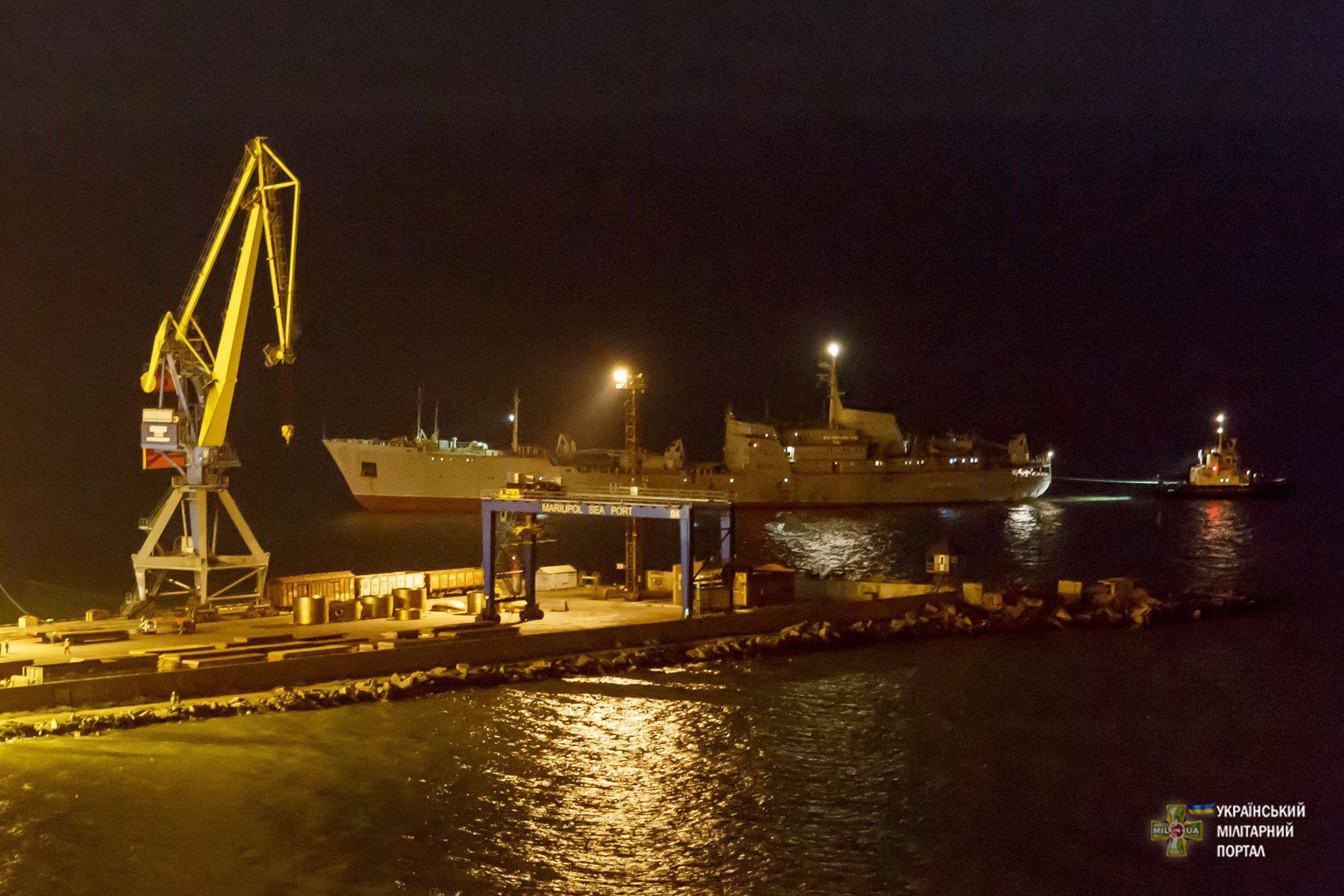 Ukrainian Navy’s “Donbas” ship in the port of Mariupol in the evening of 24 September. Photo: Ukrainian Military Portal ~
