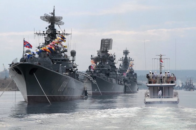 Russian warships are seen during a naval parade rehearsal in the port of Sevastopol in occupied Crimea, 2016. Source: The Moscow Times