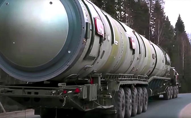 Russian RS-28 Sarmat (NATO reporting name SS-X-30) is a Russian liquid-fueled, MIRV-equipped, superheavy thermonuclear armed intercontinental ballistic missile, in development by the Makeyev Rocket Design Bureau since 2009. It is intended to replace the old R-36M missile (SS-18 Satan). (Photo: video capture from the Russian Ministry of Defense / TASS. Caption: Wikipedia)