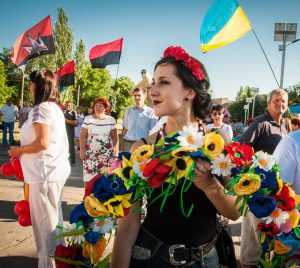 Participants of a patriotic rally celebrating the 3rd anniversary of the liberation of Kramatorsk from Russian hybrid forces, Kramatorsk, Donetsk Oblast, July 5, 2017 ~
