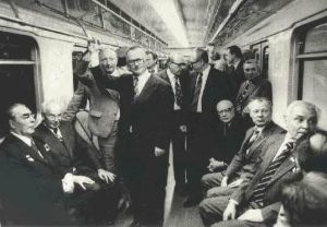 A rare photo-moment of “unity of authorities and people” in the Soviet Union. Leonid Brezhniev, Volodymyr Shcherbytskyi and other communist “heads” in the Kyiv subway. 1970s. Source: Ukrayinska pravda. ~