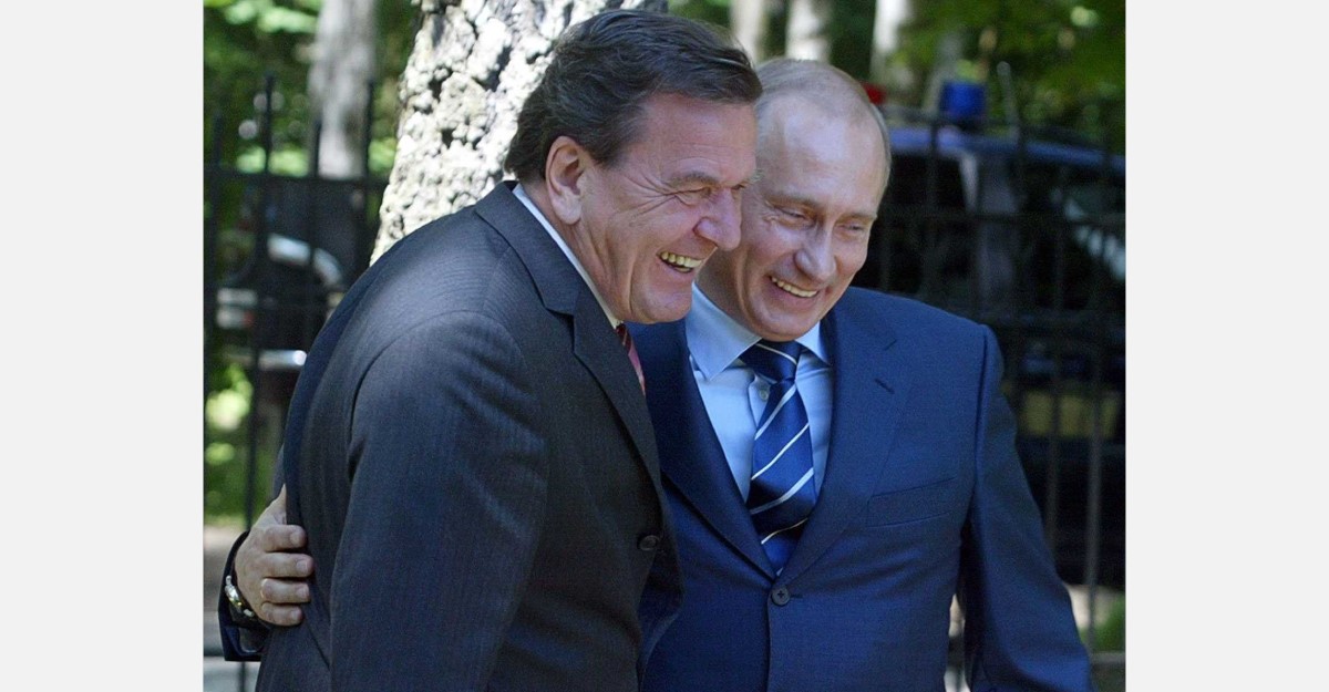Vladimir Putin with Gerhard Schröder, former Chancellor of Germany (1988-2005) who became top GAZPROM representative and lobbyist of Putin's interests in the country after leaving his government position. The term "shroederization" now stands for the corruption of Western elites by the Putin regime.
