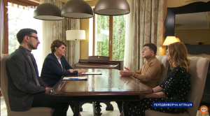 Interview with Zelenskyy and his wife (on the right side) in their home; less than half of the conversation is about politics. This is one of Zelenskyy’s very few interviews. Source: ICTV ~