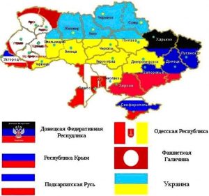 Above – the map of Zelenskyy’s Ukraine from his film. Below – a separatist vision of a Ukraine divided into separate “republics” spread over pro-Russian pages in VKontakte and Facebook. Source: Facebook page of Anatoliy Tkachuk ~