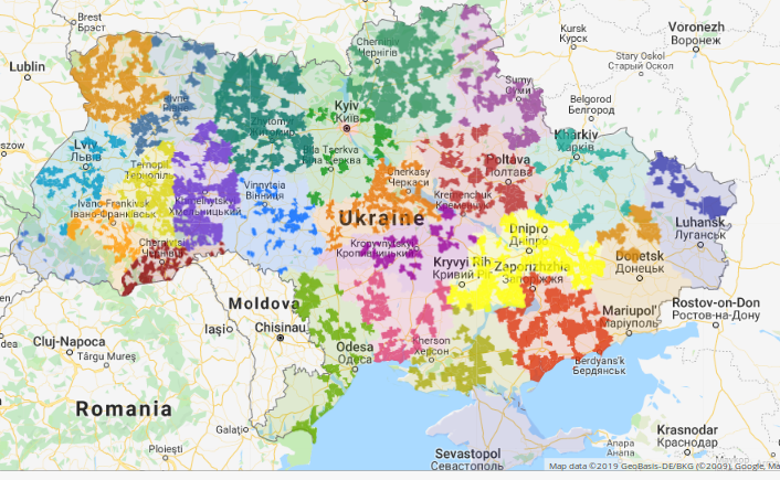 Amalgamated communities (created by their voluntary agreement) are depicted in bright colors. In 2020 the entire map should be bright if amendments to the Constitution are adopted. ~