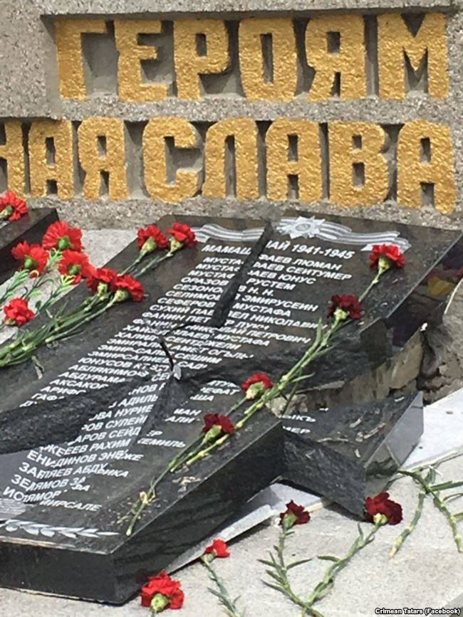 The World War II veteran memorial in the village of Mamashay (Orlovka) near Sevastopol in Russia-annexed Crimea with names of Crimean Tatar veterans destroyed only three days after its installation. Photo: Crimean Tatars (Facebook)