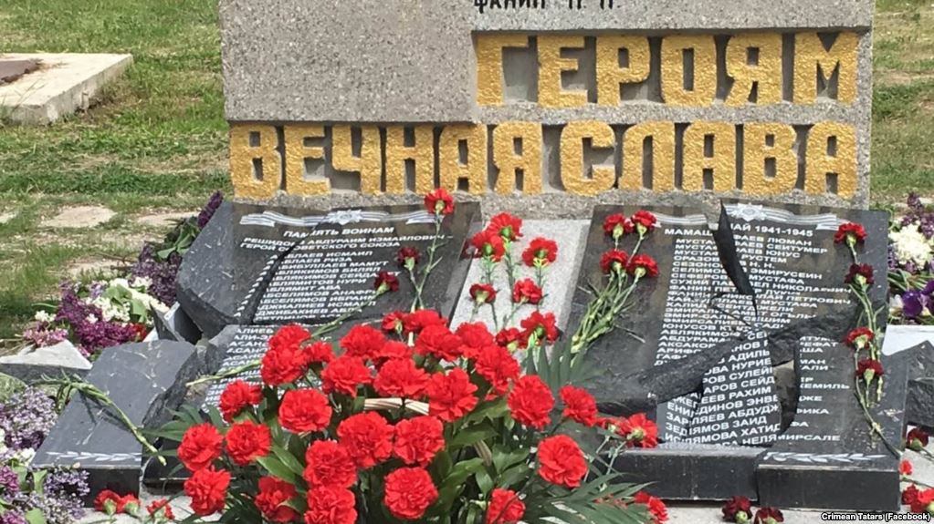 The World War II veteran memorial in the village of Mamashay (Orlovka) near Sevastopol in Russia-annexed Crimea with names of Crimean Tatar veterans destroyed only three days after its installation. Photo: Crimean Tatars (Facebook)