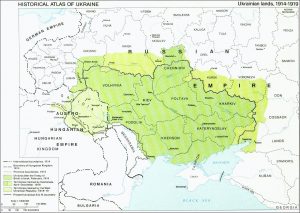 In 1914-1919, the territory of modern Ukraine was split in between the Russian and Austro-Hungarian empires. Source: www.edmaps.com ~