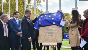 Former President of Ukraine Petro Poroshenko inaugurates a plaque commemorating Ukrainie’s Heavenly Hundred at the Council of Europe,  Strasbourg, October 11, 2017 ~