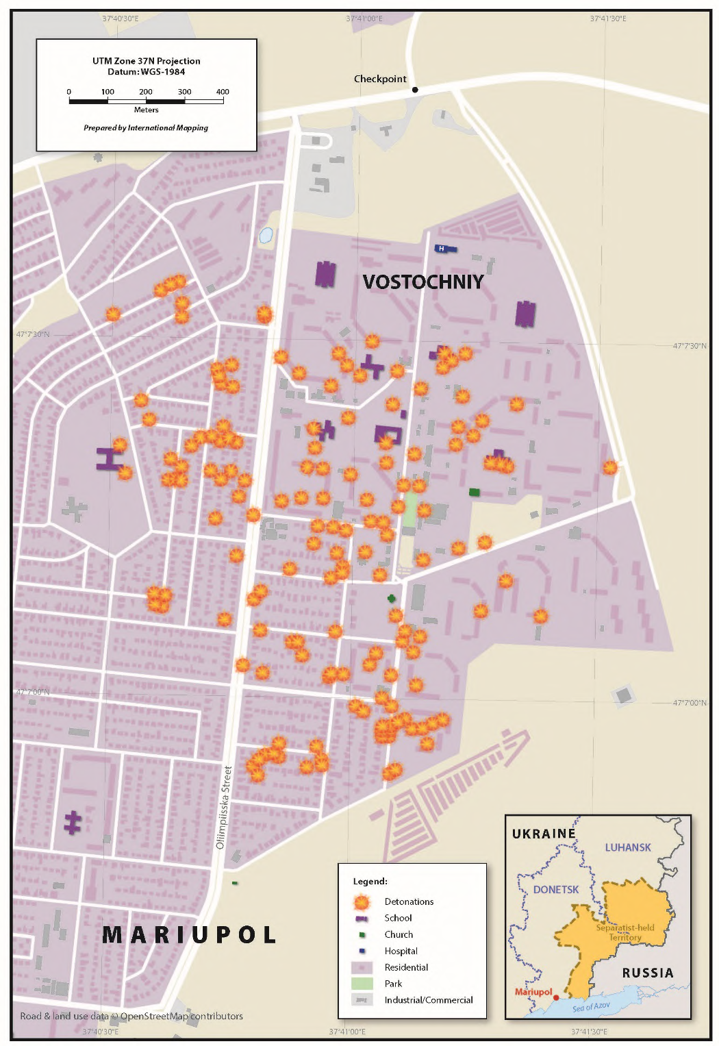 Shelling impacts in the Vostochnyi neighborhood of Mariupol. Source: Memorandum ~