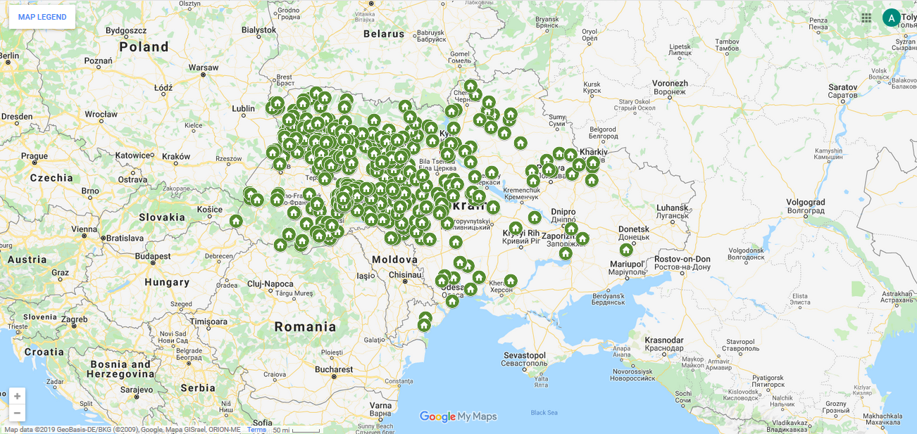 A Google map of the Moscow Patriarchate's 520 parishes that shifted their allegiance to the Orthodox Church of Ukraine as of July 30, 2019