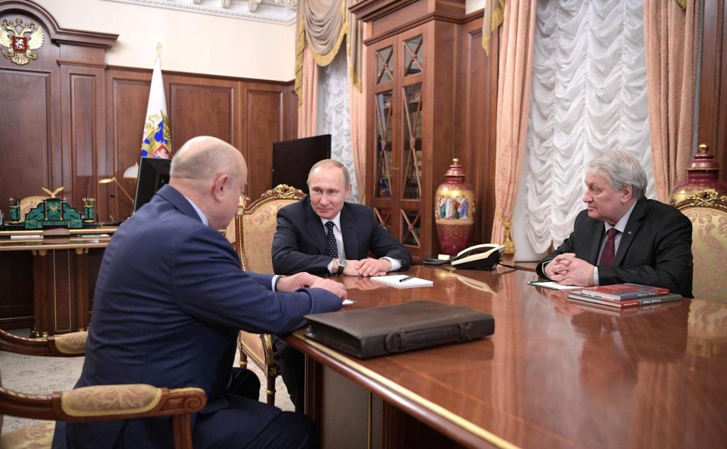 Mikhail Fradkov (left, current head of the Institute) and Leonid Reshetnikov (right, former head) at a meeting with Vladimir Putin (center) on January 31, 2017, at the Kremlin in Moscow, Russia. Source: Kremlin.ru ~