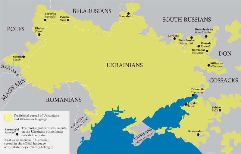 At the beginning of the 20th century, the Ukrainian population by language spread far outside of current Ukrainian borders (white line) to the territories of Russia, Belarus, and Poland, which is not the case today, however. Source: Wikipedia. ~