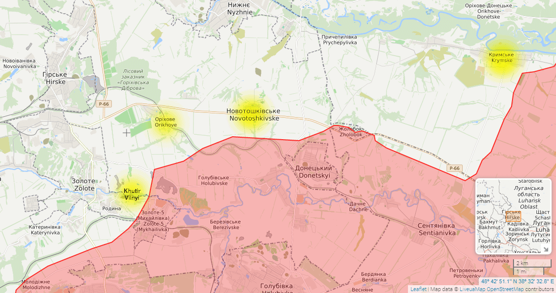 Pink: Russia-occupied territory. The settlements mentioned in the reports highlighted in yellow. Map: LiveUAMap ~