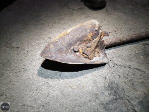 Many artifacts were found in the bunker. Shovel with long handle probably used for excavation work. Photo: Urban Explorer Lviv ~