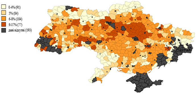 The market price of the one-year rent of Ukrainian land in percent from it’s minimal price for sale as defined by the state. Source: epravda ~