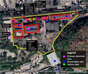 Donetsk-based Izolyatsia illegal prison. The map is based on a hand-drawn plan by former hostage Oleh held in Izoliatsia who was interviewed by Ukrainska Pravda, the colored diamond markers are added according to data by another former hostage Dmytro Potekhin. ~