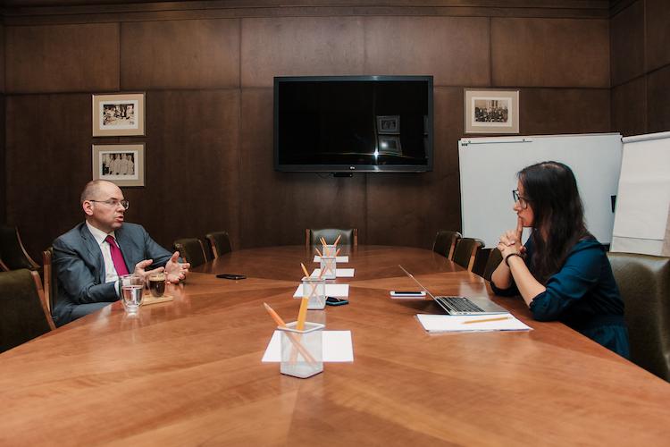 Health Minister Stepanov (left) during interview with Natalia Bushkovska for Ukrayinska Pravda. Source: Ukrayinska Pravda ~
