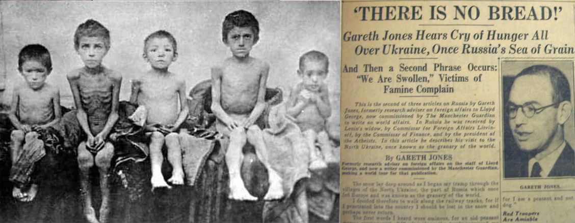 (Left) Starving children, victims of the Holodomor famine, induced by Soviet-enforced collectivization. Source: historycollection.co/holodomor-stalins-genocidal-famine. (Right) Gareth Jones, the first Western journalist to report on the Holodomor, published in British and American newspapers. ~