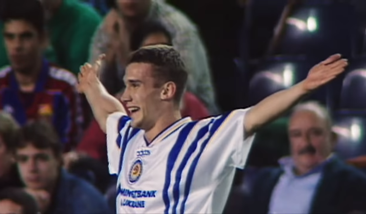 Football player Andriy Shevchenko pictured against Barcelona when his hat-trick helped them win 4-0 at the Nou Camp in 1997. Screenshot: Youtube. ~