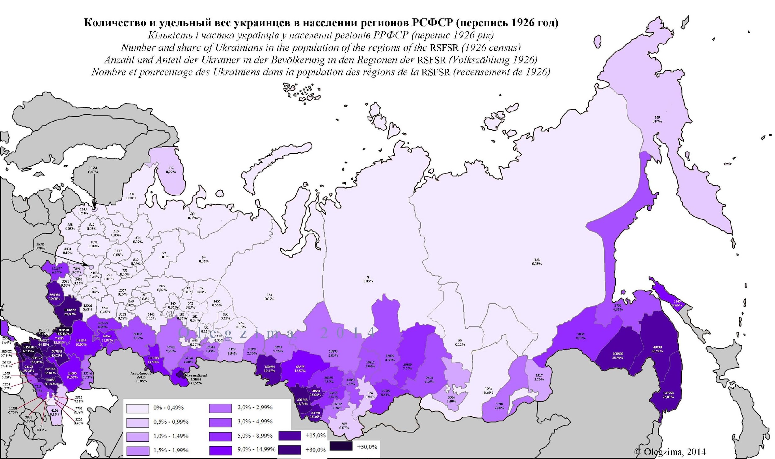 Number and share of Ukrainians in the population of the regions of the RSFSR, 1926 census. Graph by Olegzima, Wikimedia Commons. ~