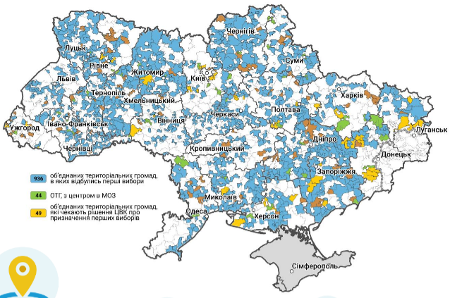 OTGs in Ukraine. Blue and green – OTGs with centers in villages and local towns. Yellow and brown – OTGs in the process of unification. White – territories where locals are yet to voluntarily create an OTG. Source: decentralization.gov.ua ~