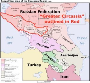 The historic area of “Greater Circassia” outlined on the modern map of the Caucasus. Source: justicefornorthcaucasus.info ~