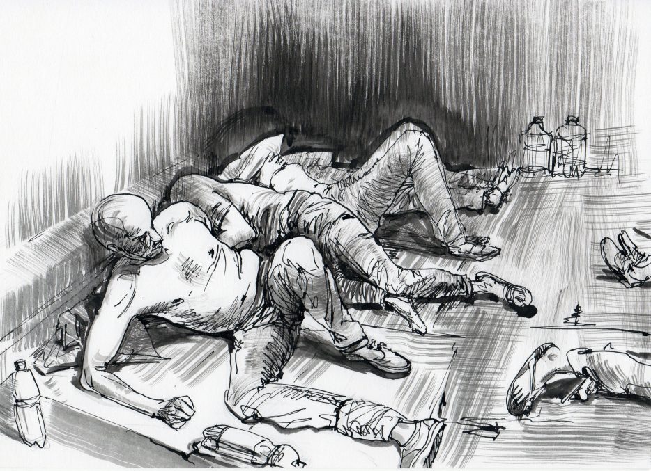 Drawing from the graphic novel “The Hole” by Donetsk painter Serhiy Zakharov, showing his experience in the “basement prisons” of Donetsk ~