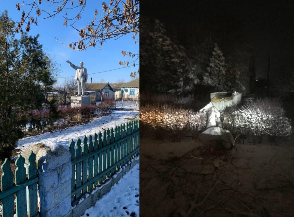 The last statue of Lenin on public land in those portions of Ukraine controlled by Kyiv was demolished by unknown persons. It had stood in the village of Stari Troyany in Odesa Oblast. (Source: Facebook/Serhii Sternenko)