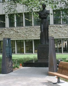 16-foot bronze statue of Ukrainian writer and poet Lesia Ukrainka outside the main entrance of the Murray Library, University of Saskatchewan, Saskatoon, Canada ~