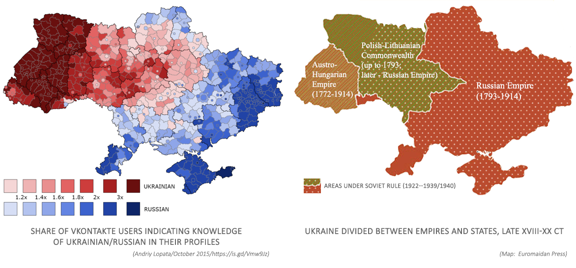 Left: this map is a very rough estimate of the spoken language use of young Ukrainians who had an account registered in the Vkontakte social network. It is notoriously difficult to map everyday language practices, so, its limitations notwithstanding, this map does offer a view of the everyday language situation (source). Right: A map showing the historical background of Ukrainian regions allows approximating the impact of Russification policies on everyday Ukrainian language use. ~