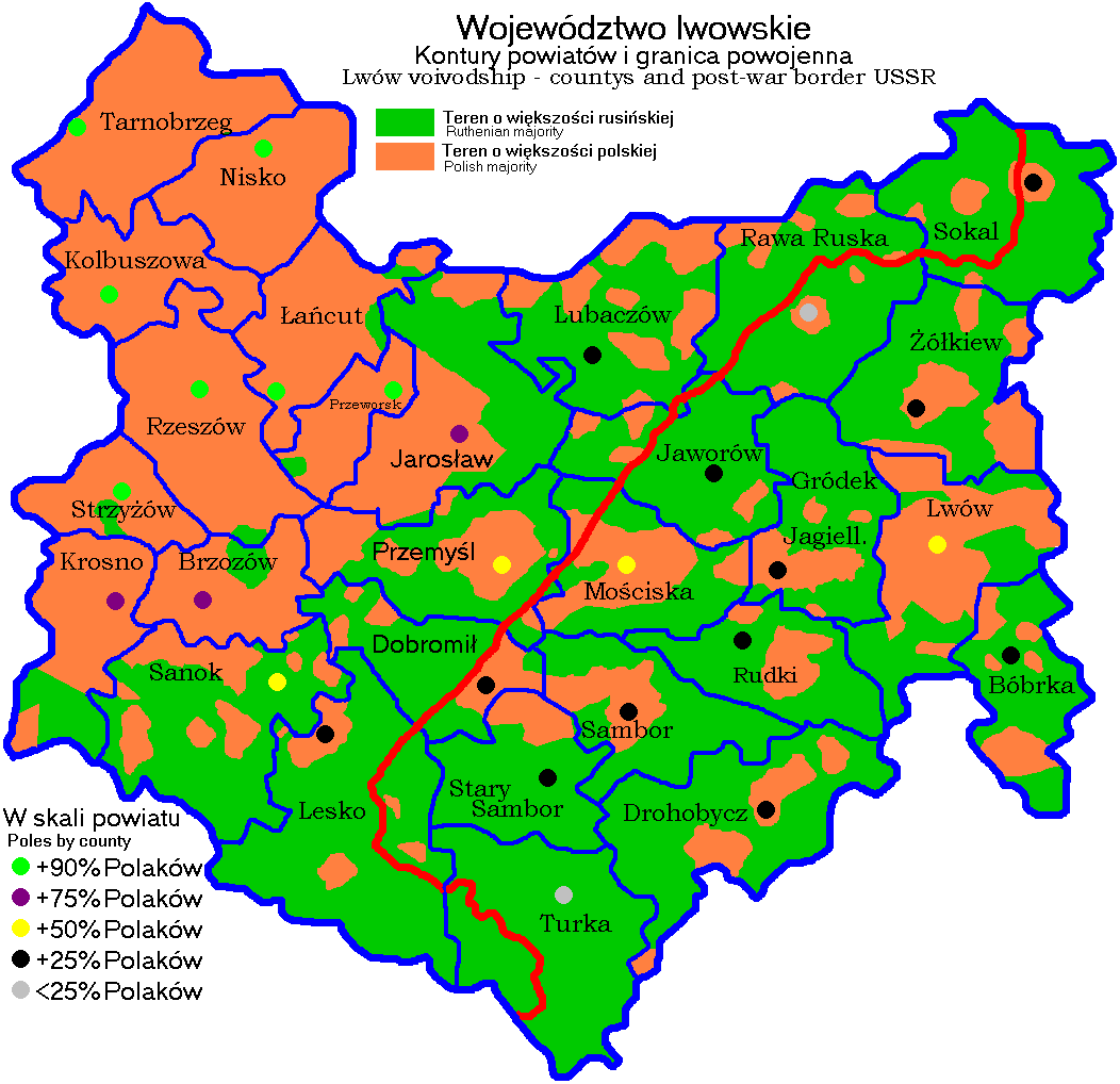 Central Galicia, as divided by the Curzon Line (red) into Polish and Ukrainian sections since 1944. Green areas were populated predominantly by Ukrainians, while orange areas by Poles. Colorful dots show the percentage of Poles in particular districts (povits). Data from the official census of Polish Republic in 1931. Source of Image: Wikipedia ~