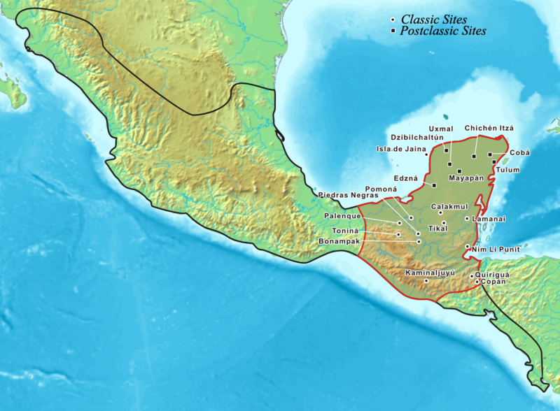 The Maya area within Mesoamerica (outlined in red), compared to all other Mesoamerica cultures (black) within Central America and southern North America (Mexico). Source: Lynn Foster, Handbook to Life in the Ancient Maya World, – New York, US: Oxford University Press, 2002. Via Wikimedia Commons ~