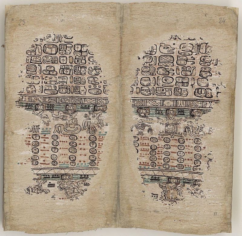 The final two pages of the Paris Codex, showing the Maya zodiac. Source: Bibliothèque Nacionale de France via Wikimedia Commons