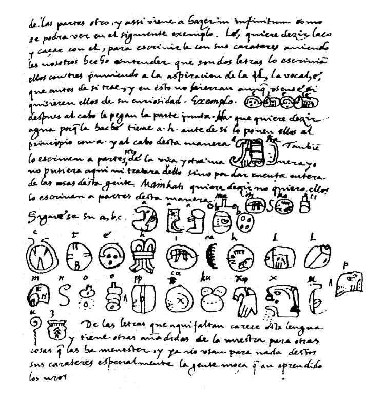 A page from de Landa’s work “The relationship of the things of the Yucatan” in which he describes what he knew about the Maya alphabet. ~