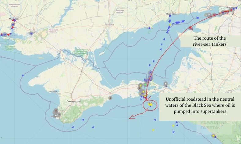The traffic of ships belonging to Viktor Medvedchuk that export oil from Russia. Source: Realnaya Gazeta ~