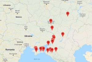 Russian military build-up near Ukrainian borders and in Crimea. The markers show the locations of late March – early April videos showing the convoys of Russian heavy equipment on move. Source. ~