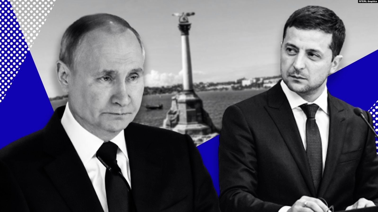 Vladimir Putin and Volodymyr Zelenskyy over a photograph of the Monument to the Sunken Ships in the city of Sevastopol on Russia-occupied Crimea (Collage by RFE/RL Graphics)
