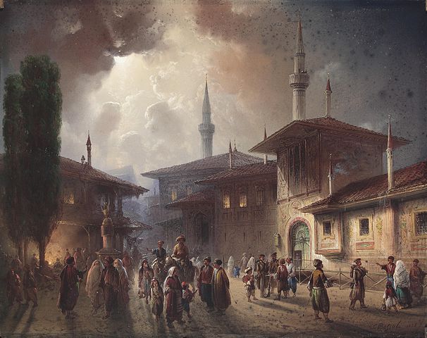 The Khan’s Palace in Bakhchysarai stands as a remembrance of the era of the Crimean Khanate. Painting by Carlo Bossoli ~