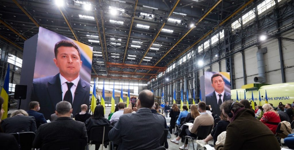 Ukrainian President Volodymyr Zelenskyy holds press conference at Antonov factory, Kyiv, May 20, 2021. (Source: president.com.ua)