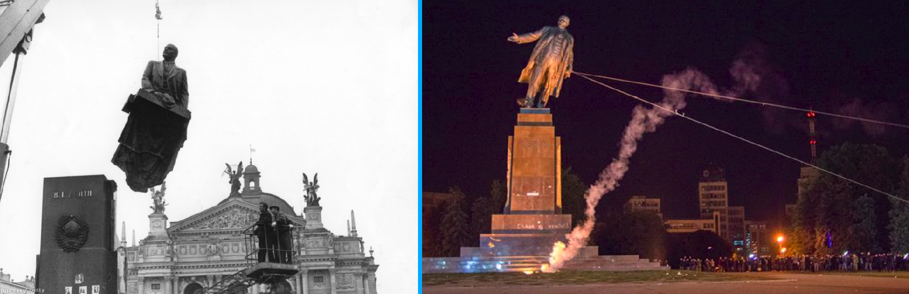Removal of communist monuments started in Ukraine in 1990, when Lenin was removed from central square in Lviv, (left) and largely finished during the 2014 Revolution of Dignity, when it was removed from central square in Kharkiv (right). ~