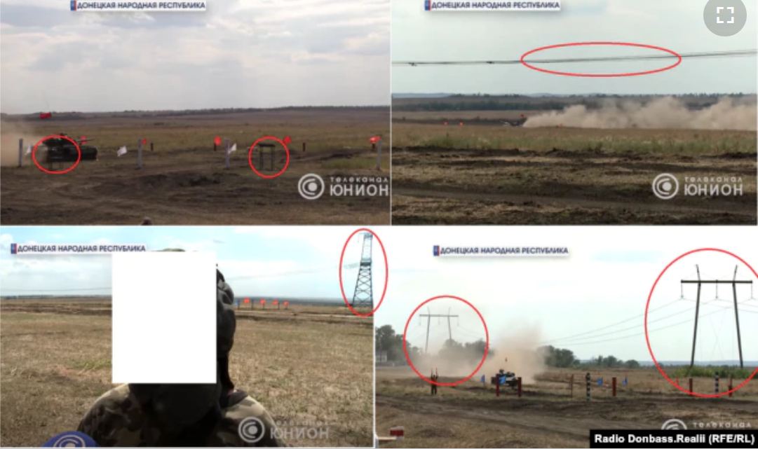 Circled in red: the same power line and structures in the video dated August 2020, area of Ternove, Donetsk Oblast. ~