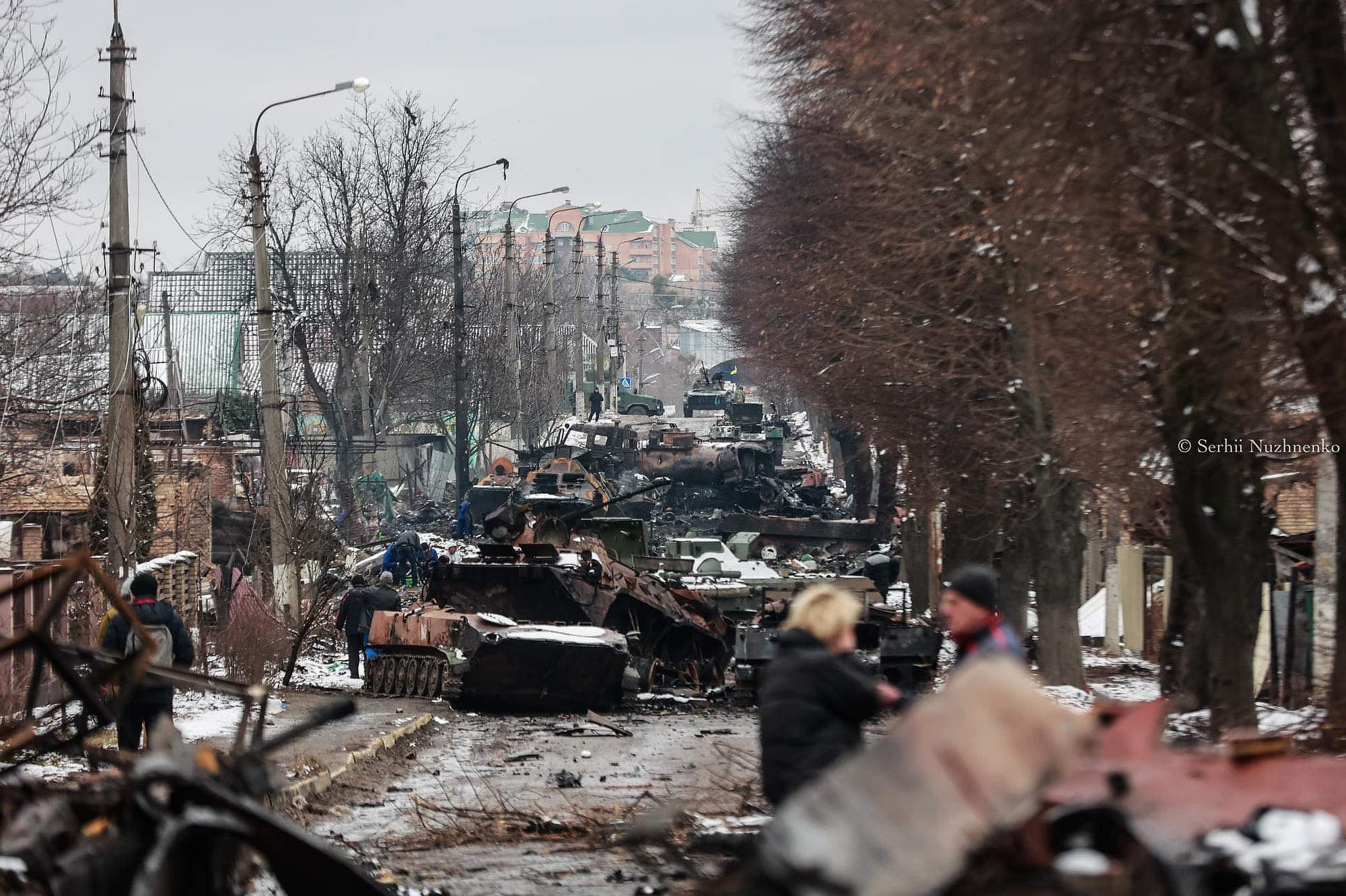 Destroyed Russian armored convoy in Ukrainian town of Bucha. 1 March 2022. The Russo-Ukrainian War (2014-present. (Photo: Serhii Nuzhenko, RFE-RL)